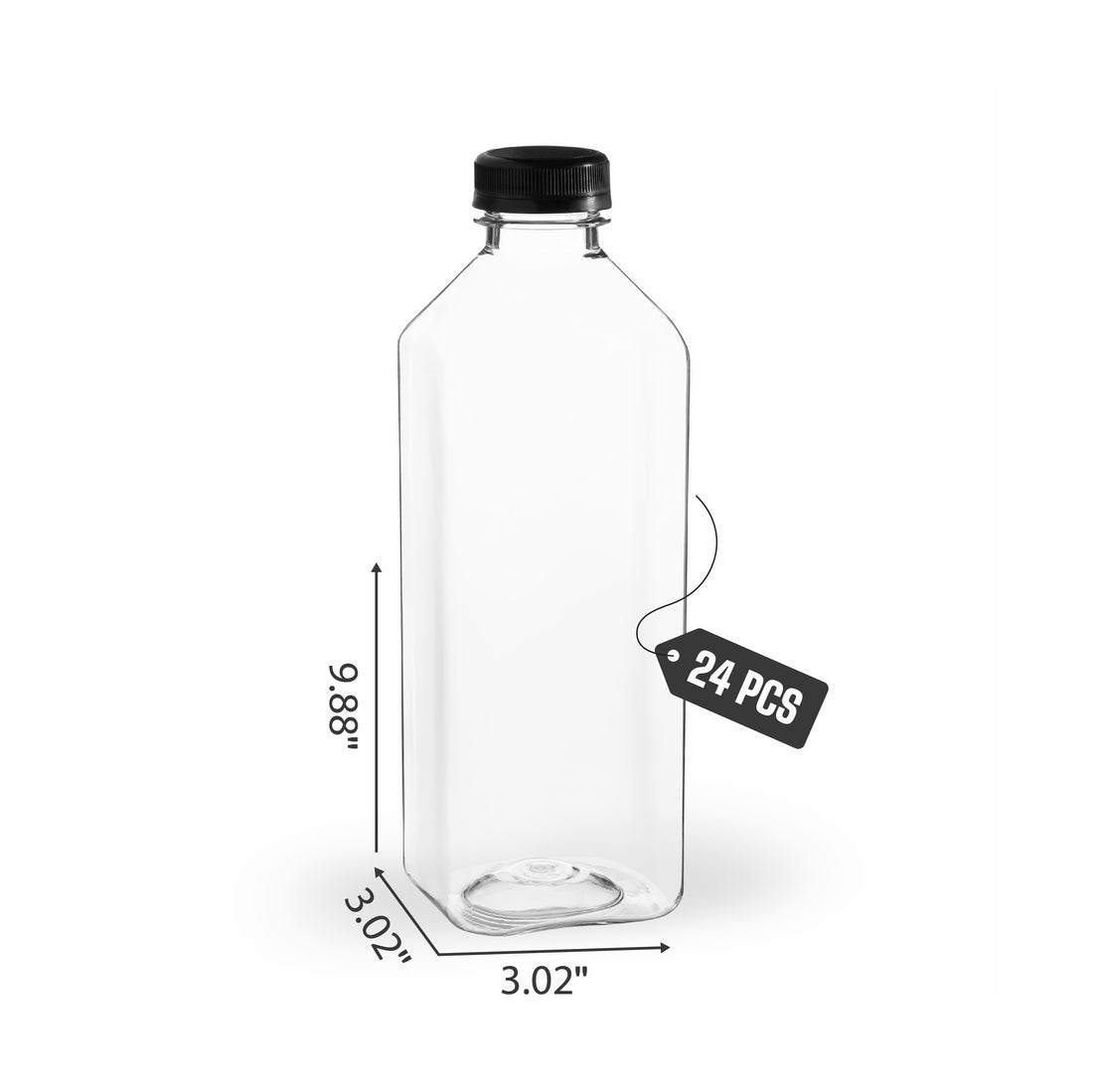 Clear Bottles PET SQUARE with black lid 24 pack