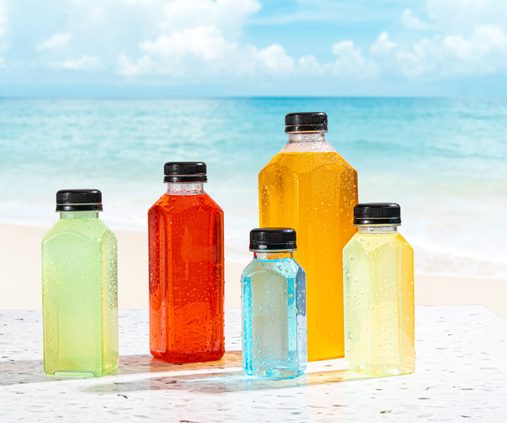 Clear Bottles PET SQUARE with black lid 24 pack