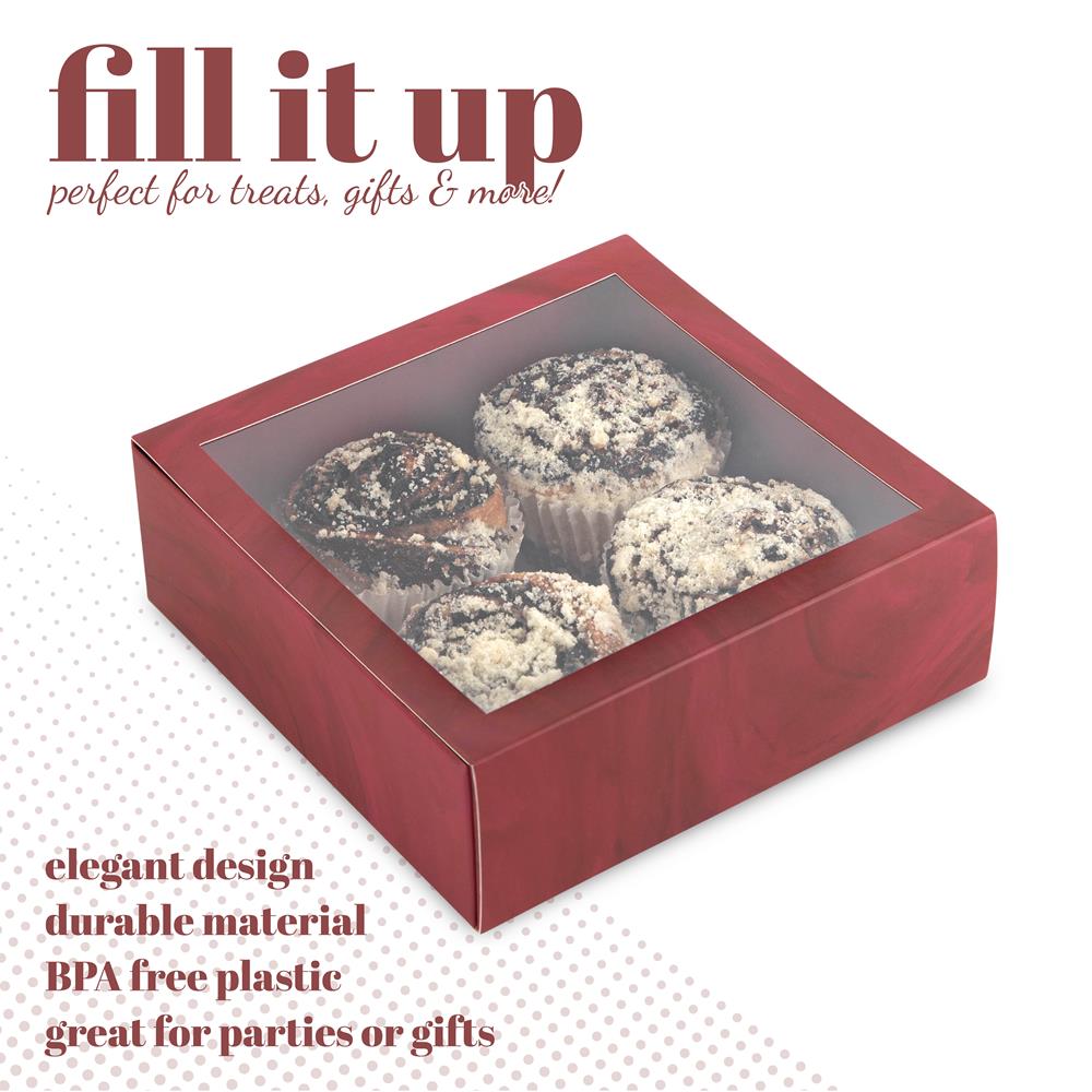 Clear Window Gift Boxes Burgundy 6" X 6" X 2" 6 Pack Square