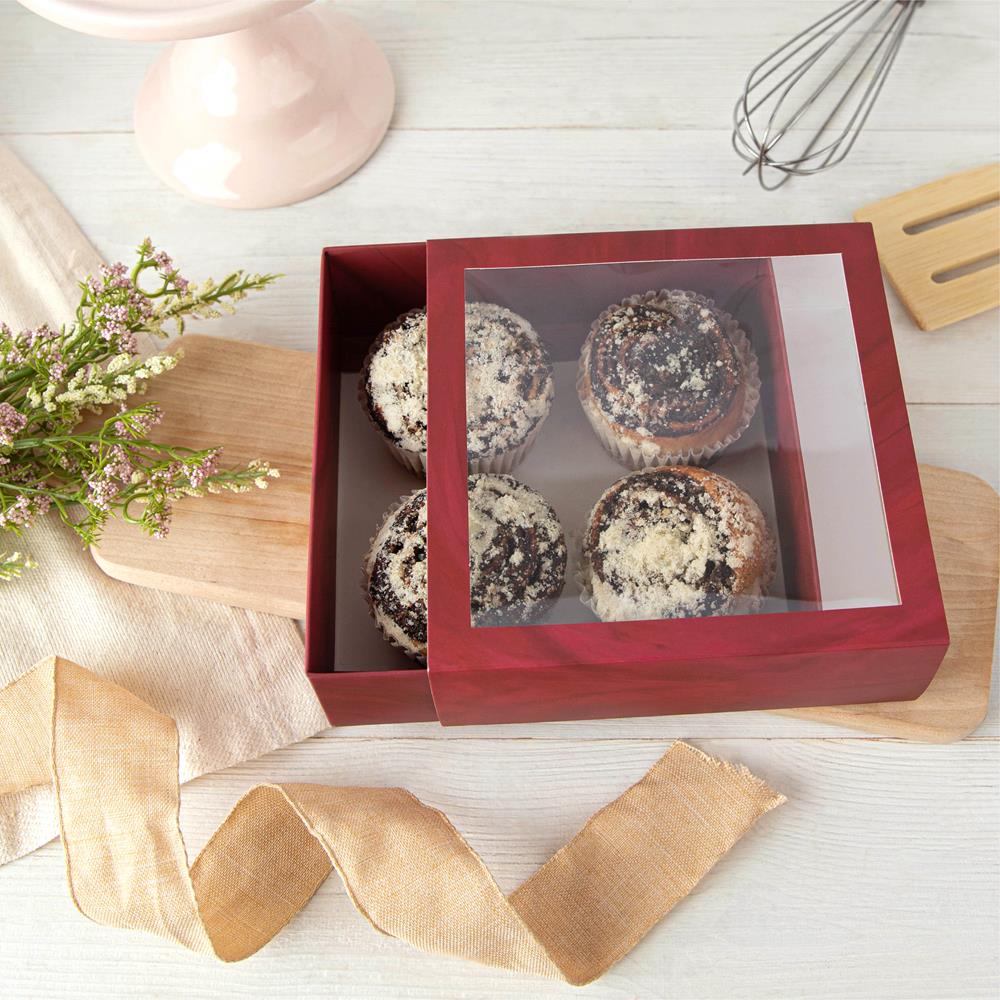 Clear Window Gift Boxes Burgundy 6" X 6" X 2" 6 Pack Square