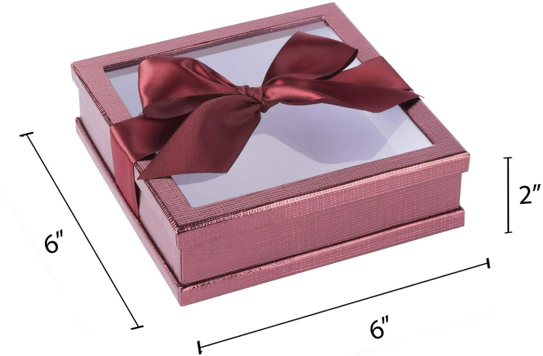 Clear Window Gift Boxes Maroon 6" X 6" X 2" 3 Pack With Ribbon