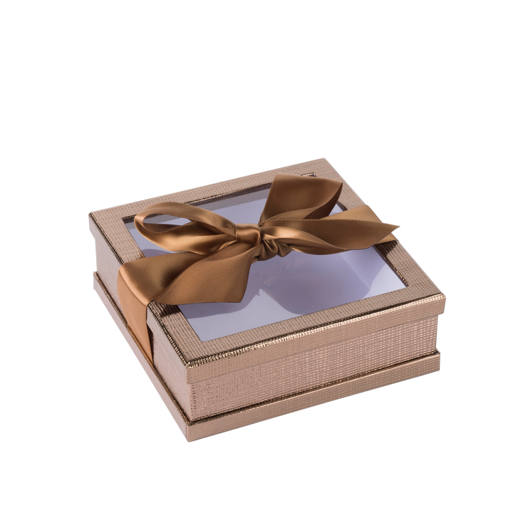 Clear Window Gift Boxes Gold 6" X 6" X 2" 3 Pack With Ribbon