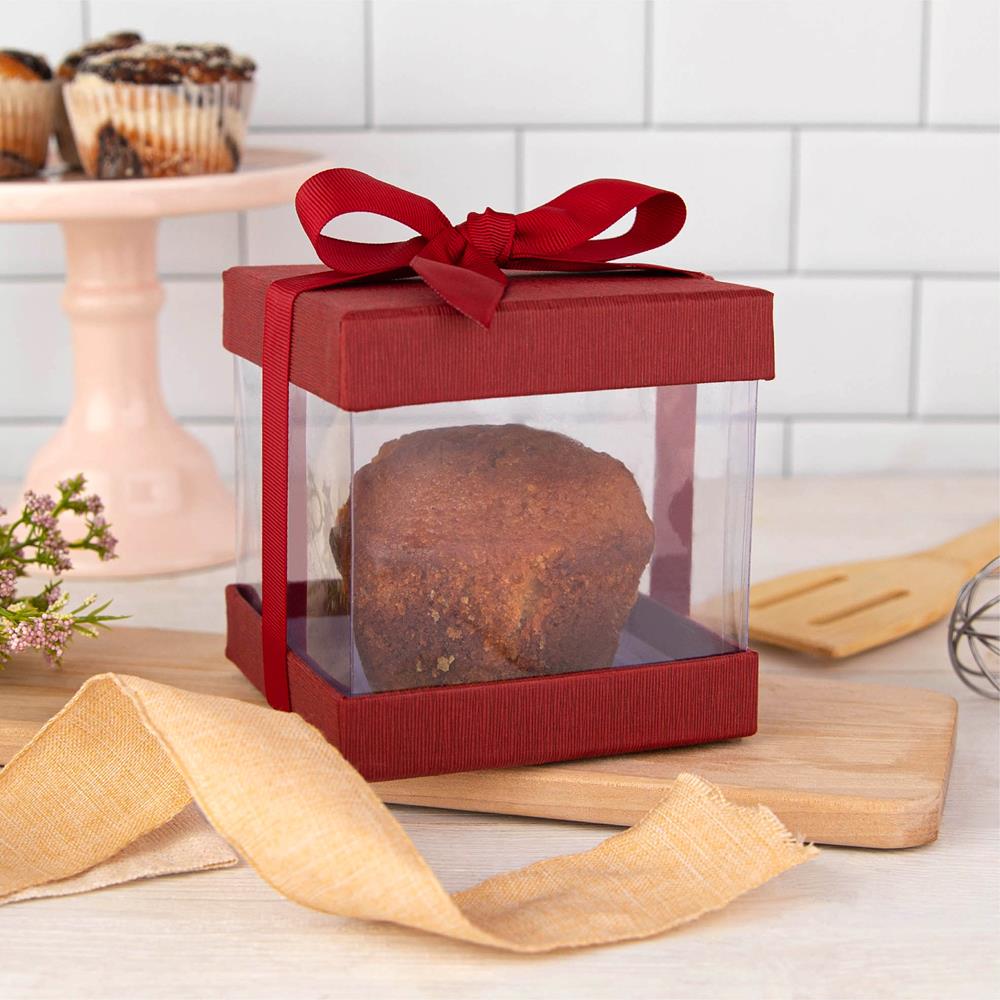 Clear Plastic Gift Boxes 6 Pack Maroon 4X4X4" Bakery Boxes With Base Lid & Ribbon