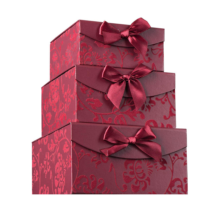 Burgundy Small Swirl Nesting Elegant Christmas Gift Boxes Set Of 3