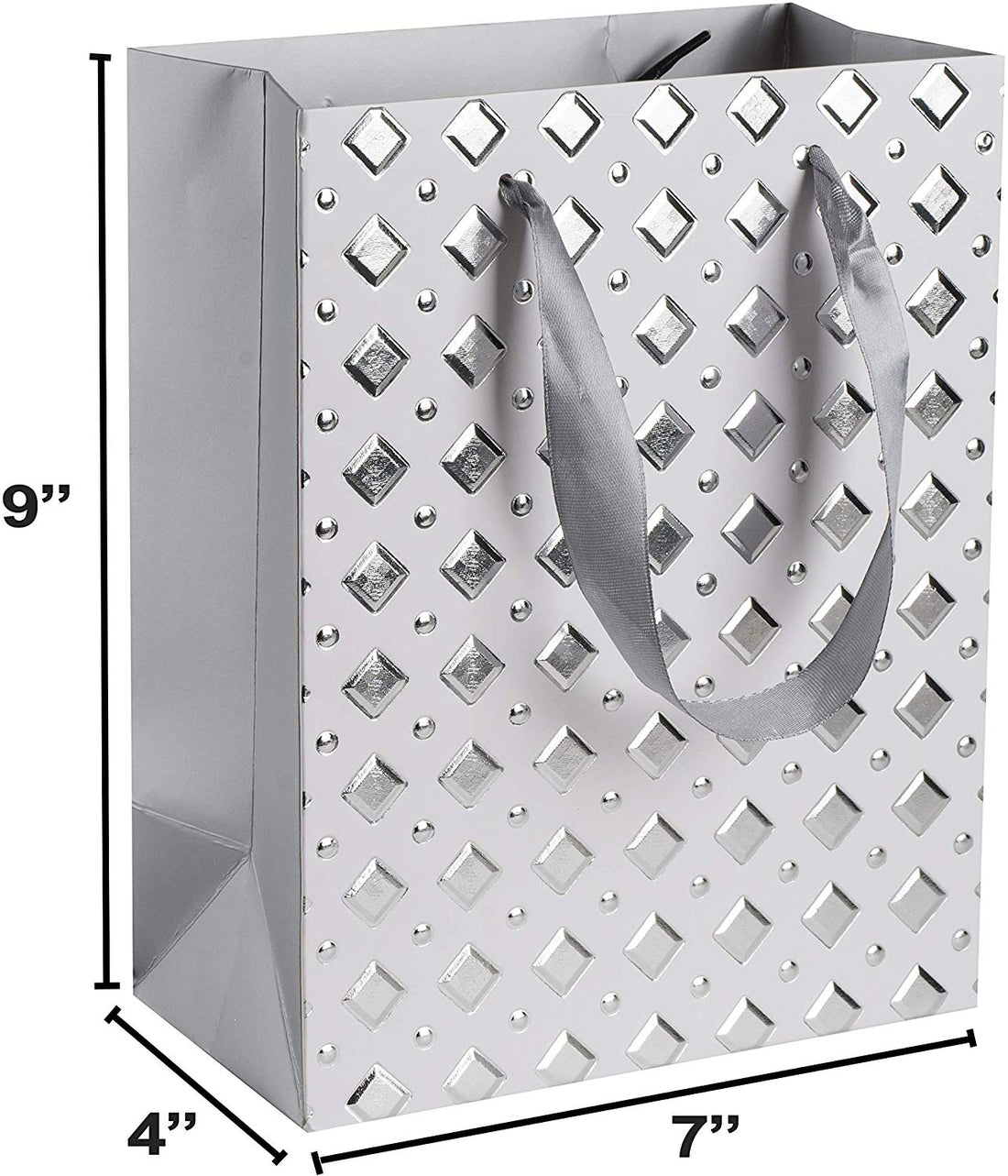 Diamond Design Foil Stamped Gift Bags Set 12 Pack 9"X 7"X 4"Silver