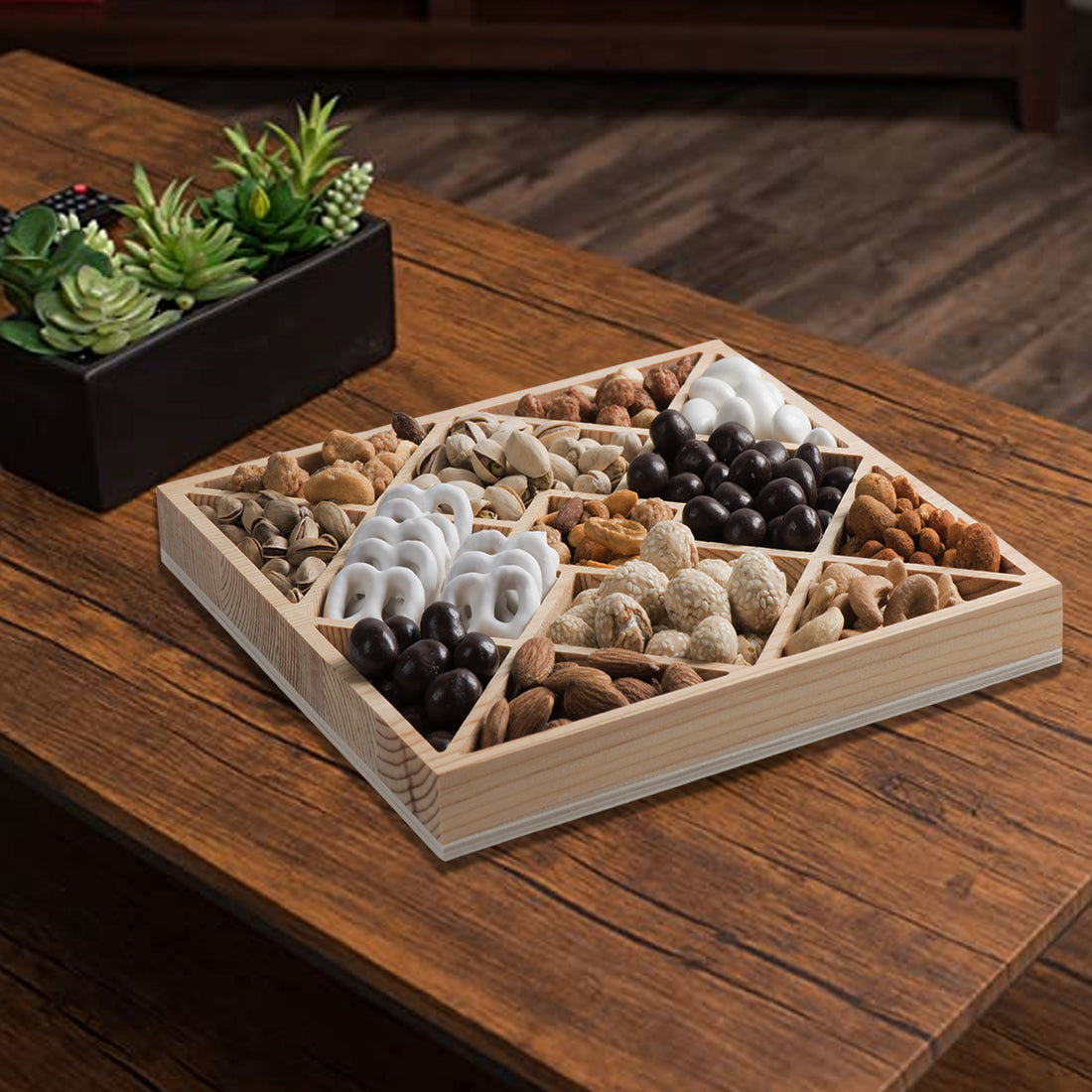 Square Sectional Wooden Trays 2 Pack 10"X10"X1.13"