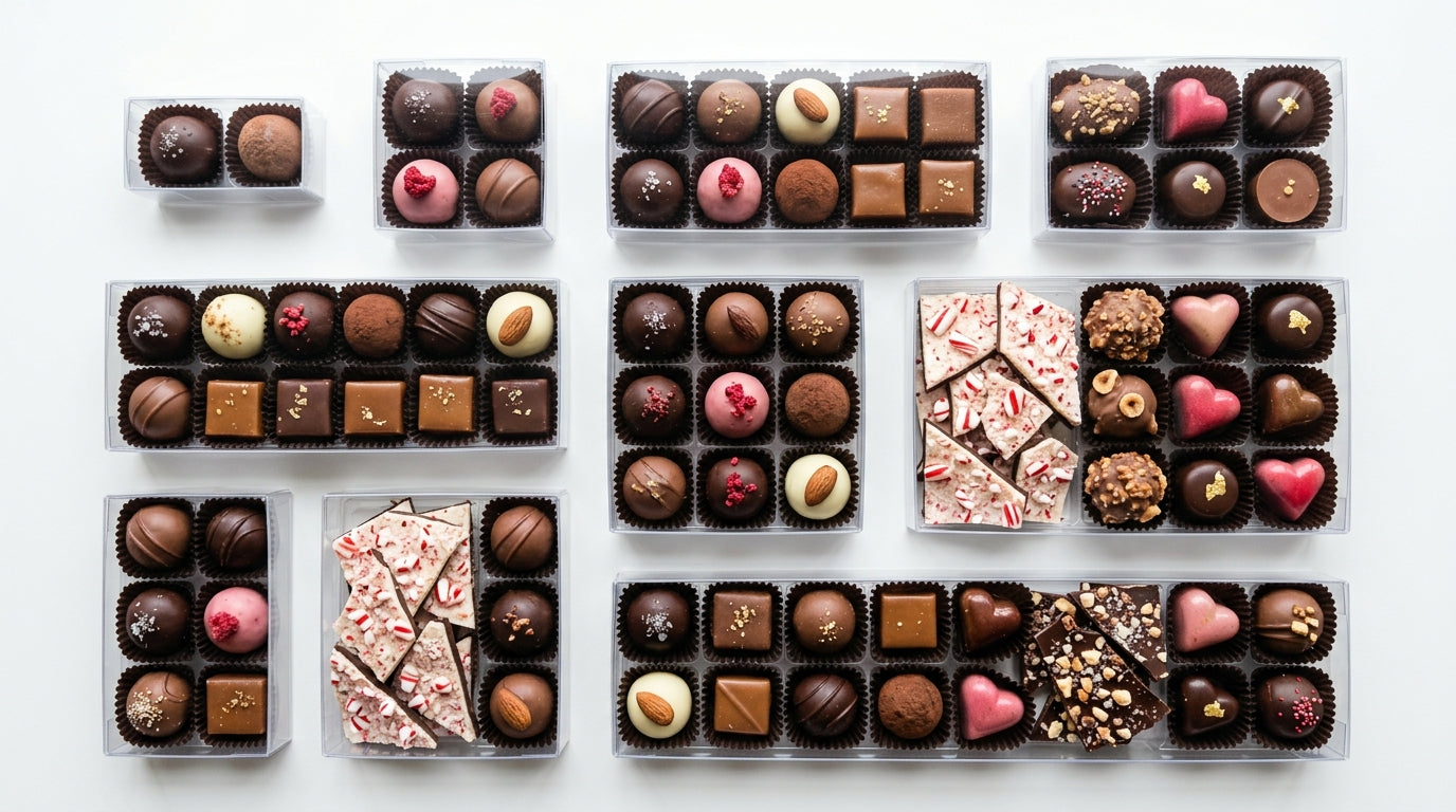 Clear Window Gift Boxes for Valentine Candy: Sizing Guide for Truffles, Bark, and Filled Chocolates