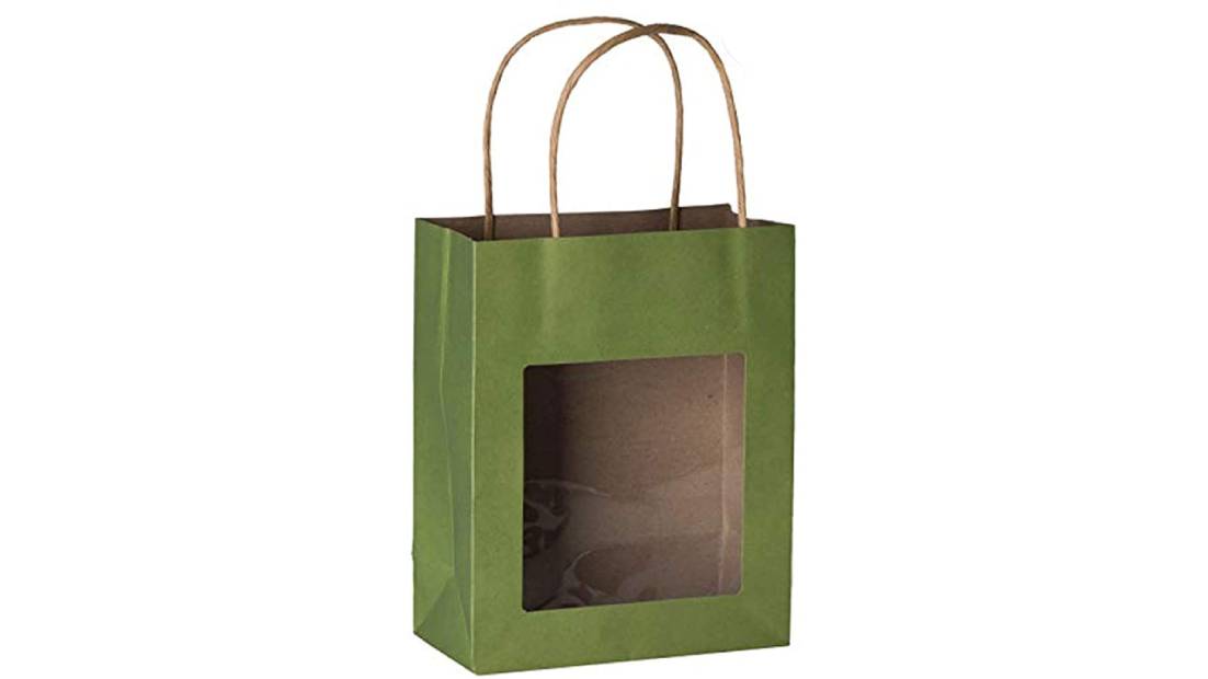 Green Kraft Paper Bag With Window 10 Pack 7.75"X 6.25"X 3"