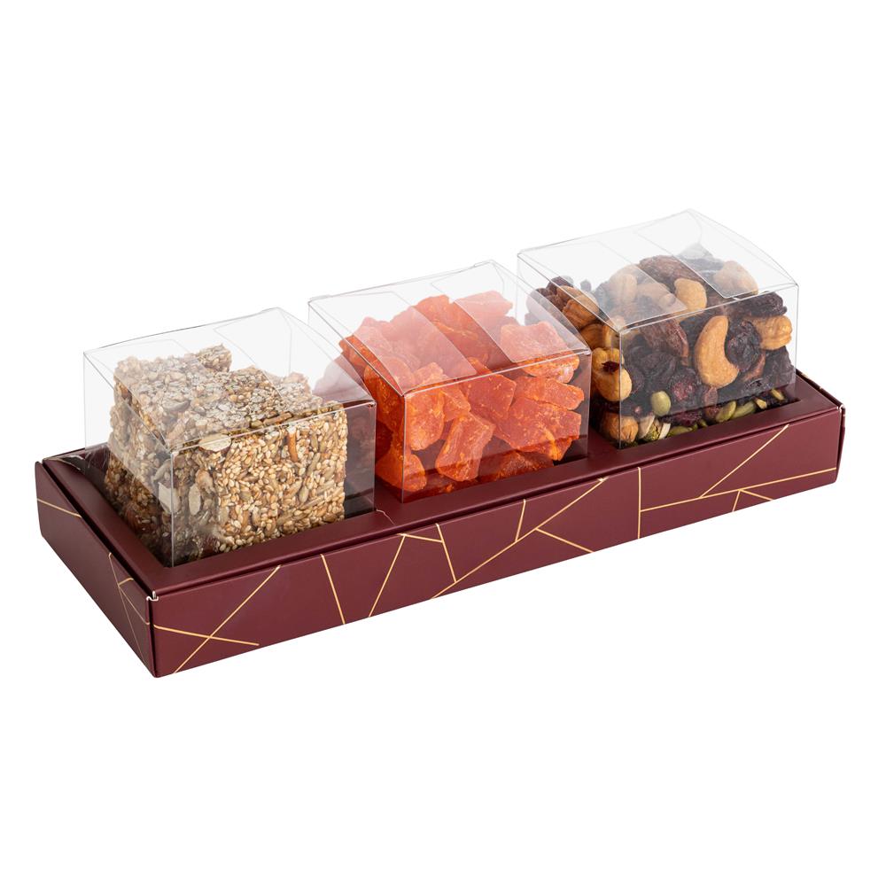 3 Square Shaped Clear Boxes With Rectangle Tray Maroon 11" X 3.9" X 1.3"