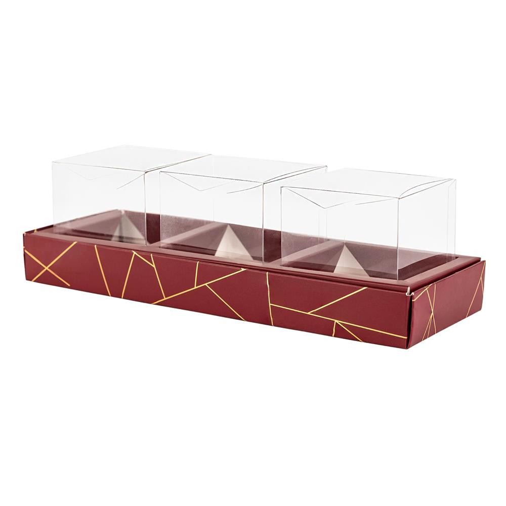 3 Square Shaped Clear Boxes With Rectangle Tray Maroon 11" X 3.9" X 1.3"