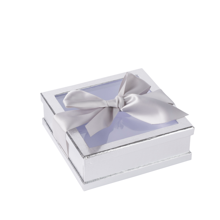 Clear Window Gift Boxes Silver 6" X 6" X 2" 3 Pack With Ribbon