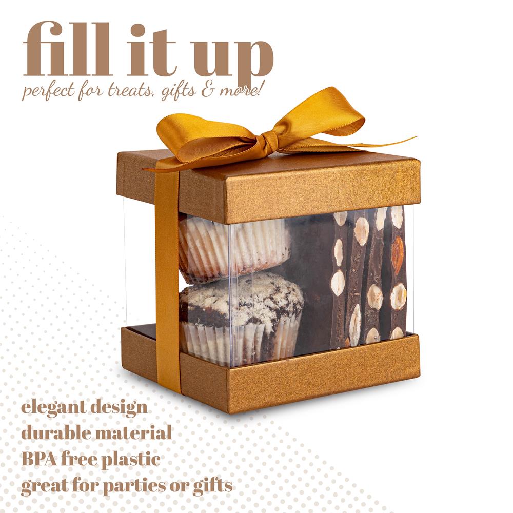 Plastic Gift Boxes Gold 4X4X4" 6 Pack Bakery Boxes With Base Lid & Ribbon