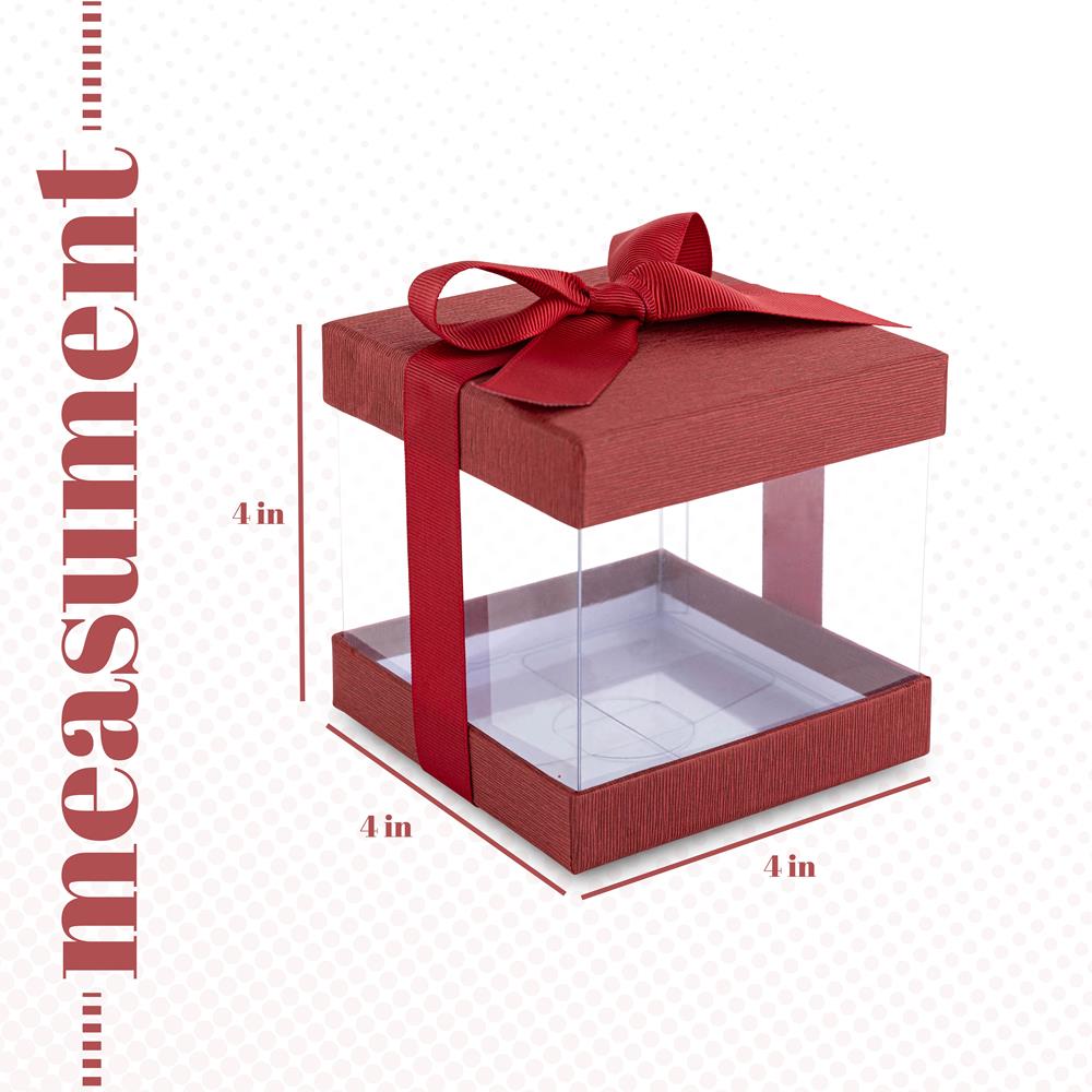 Clear Plastic Gift Boxes 6 Pack Maroon 4X4X4" Bakery Boxes With Base Lid & Ribbon