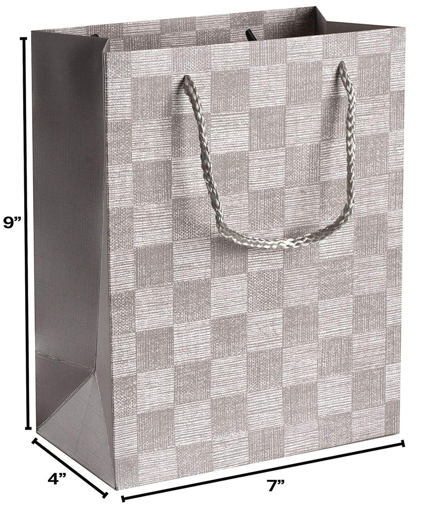 Checkered Gift Bags Set 12 Pack 9"X 7"X 4" Light Grey