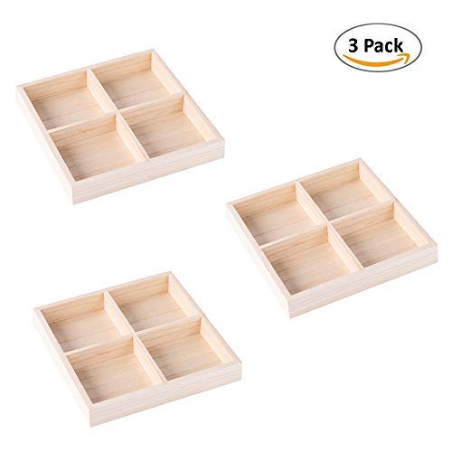 Four Sections Wooden Tray Square 7x7x1.4 Inches (3 Pack)
