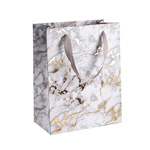 White Marble Design Foil Stamped Gift Bags 12 Pack 9"X 7"X 4"