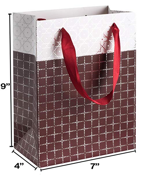 Small Box Design 9"X 7"X 4" Maroon Foil Stamped Gift Bags Set 12 Pack