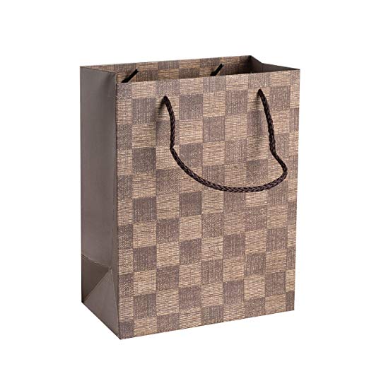 Checkered Gift Bags 9"X 7"X 4" Brown Set 12