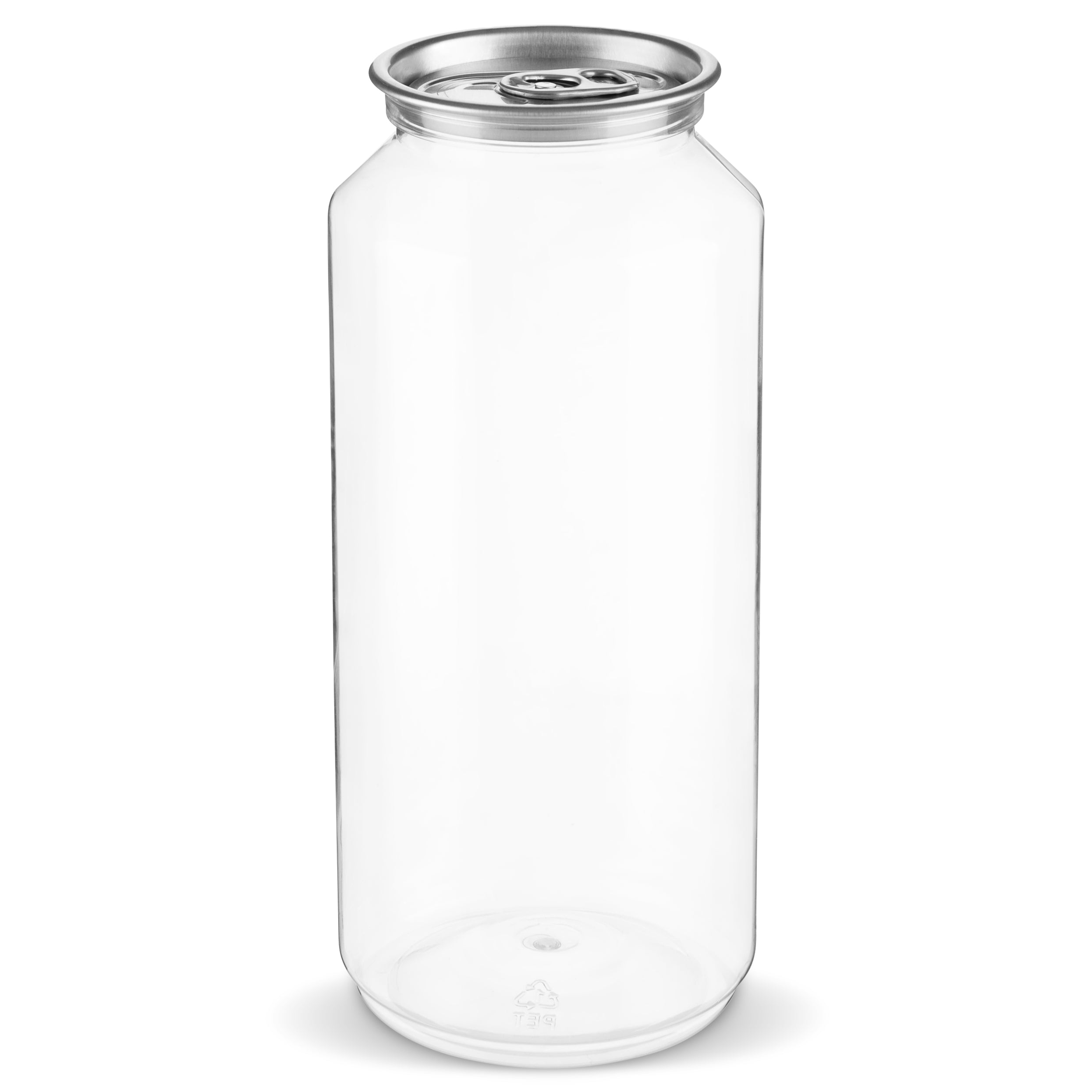 A clear, cylindrical beverage can with a metallic pull tab on the top.