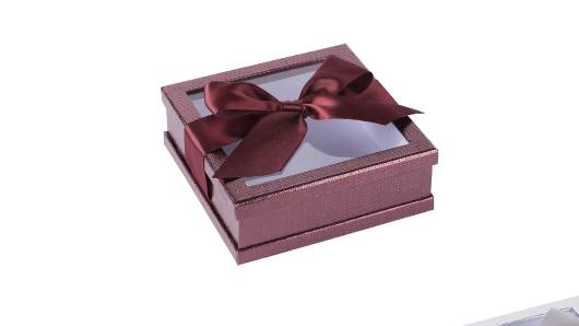 Clear Window Gift Boxes Maroon 7" X 7" X 2" 3 Pack With Ribbon