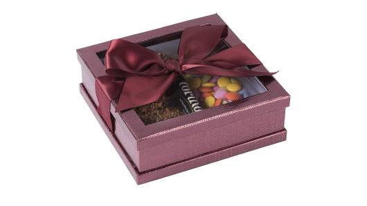 Clear Window Gift Boxes Maroon 7" X 7" X 2" 3 Pack With Ribbon