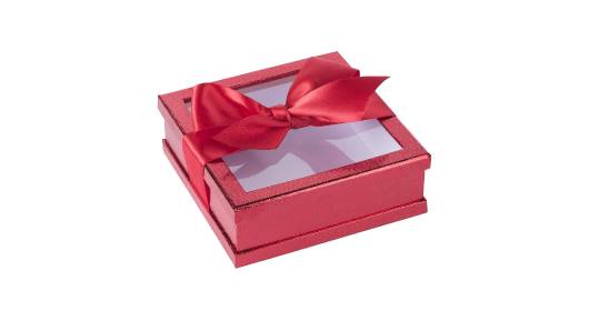 Red Folding Box with Window and Ribbon Closures, 6x6x1.5”