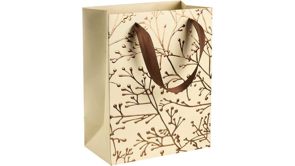 Floral Stems Design 9"X 7"X 4" Bisque Foil Stamped Gift Bags 12 Pack