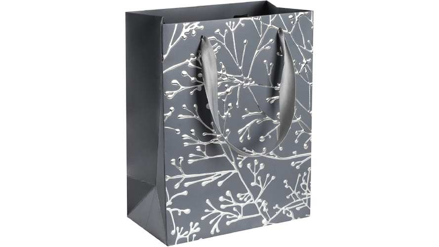 Grey Floral Stems Design Foil Stamped Gift Bags 12 Pack 9"X 7"X 4"
