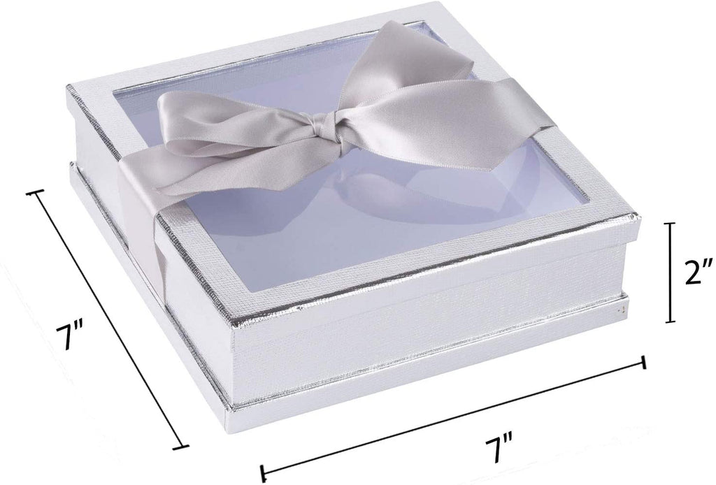 Clear Window Gift Boxes Silver 7" X 7" X 2" 3 Pack With Ribbon
