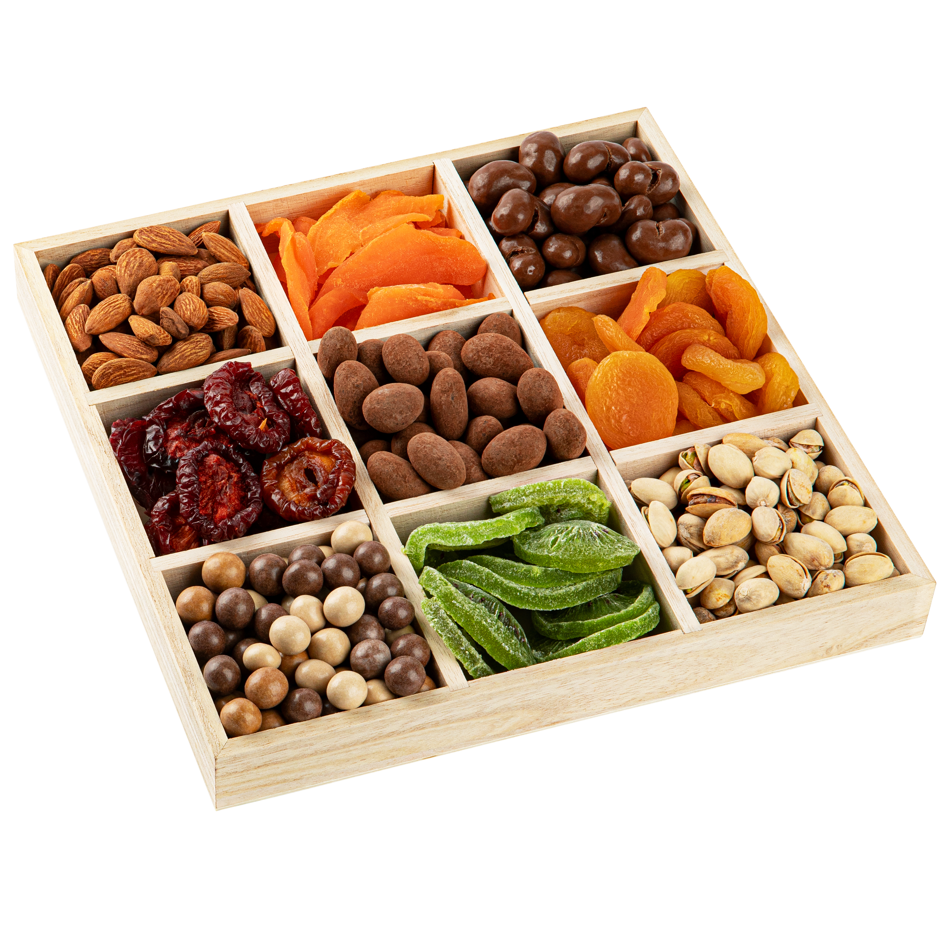 9 section square wood tray 3 pack 10.5x10.5x1.25