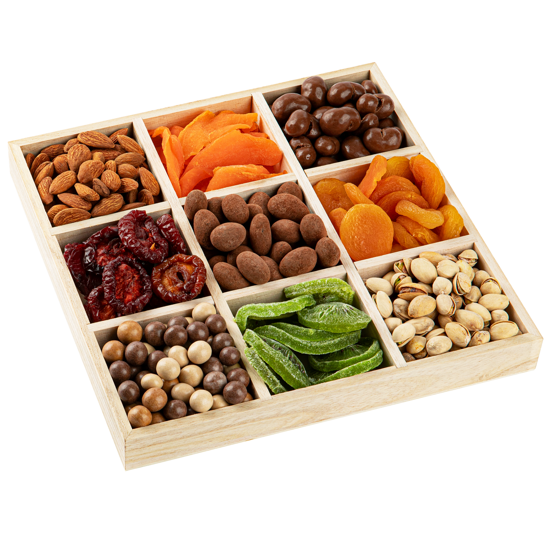 9 section square wood tray 3 pack 10.5x10.5x1.25