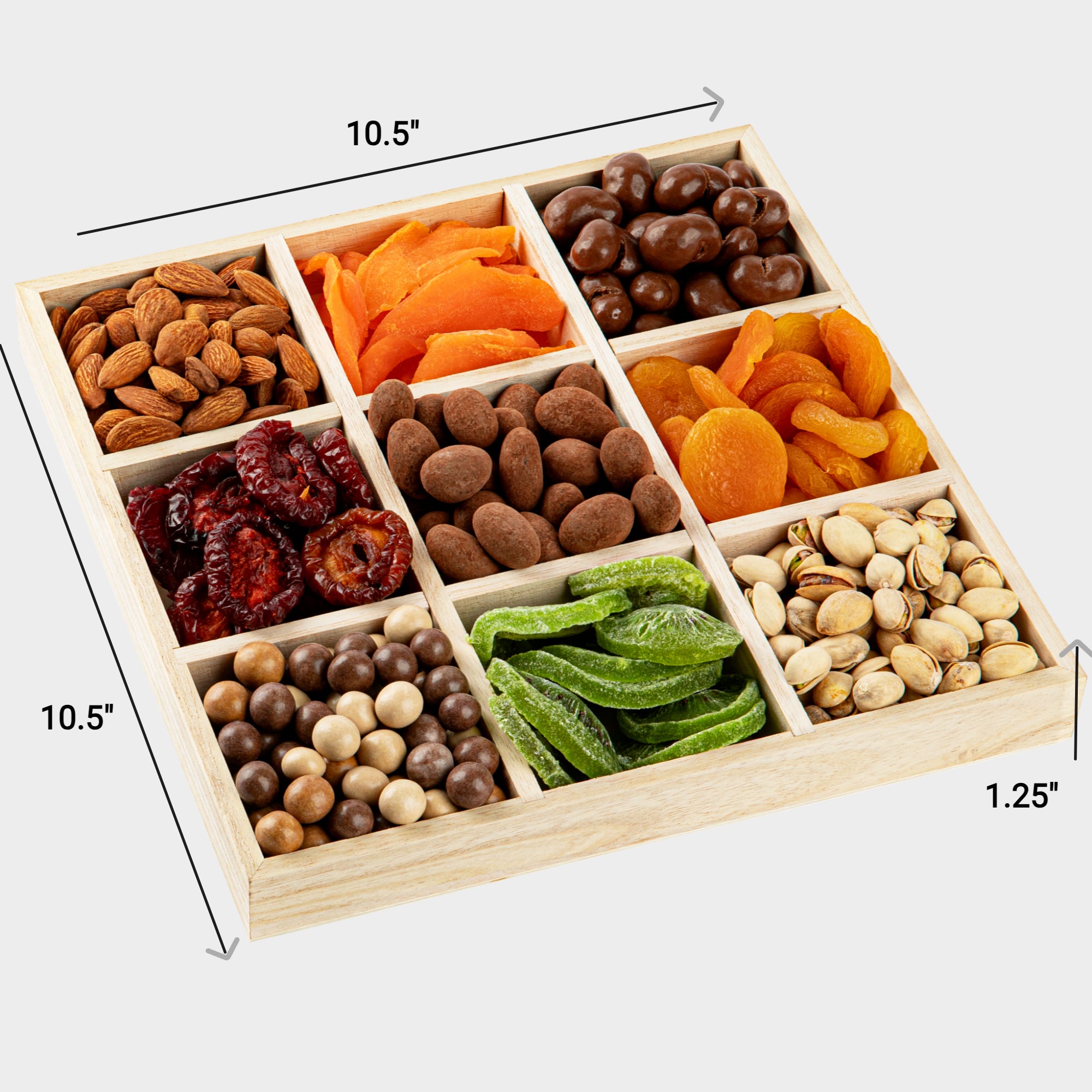 9 section square wood tray 3 pack 10.5x10.5x1.25