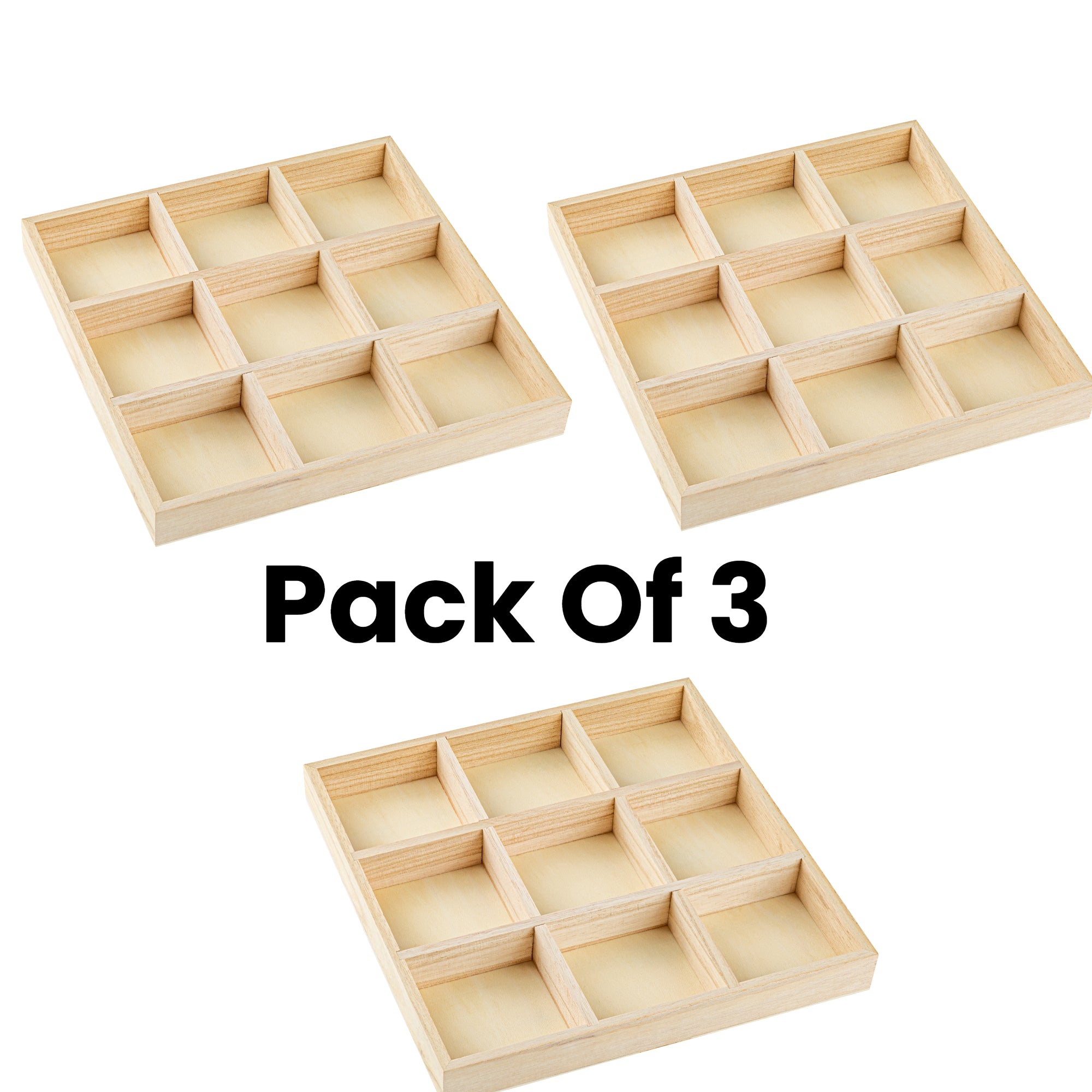 9 section square wood tray 3 pack 10.5x10.5x1.25