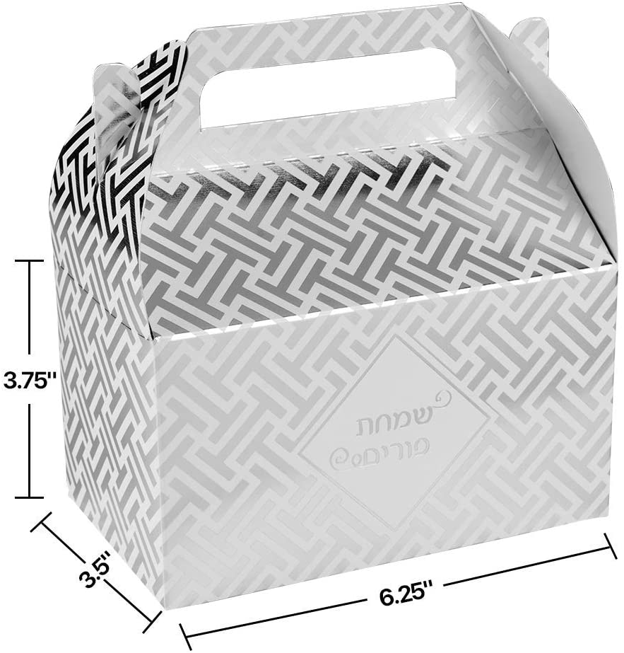 Foil Purim Treat Box Silver 6.25" X 3.75" X 3.5" 10 Pack