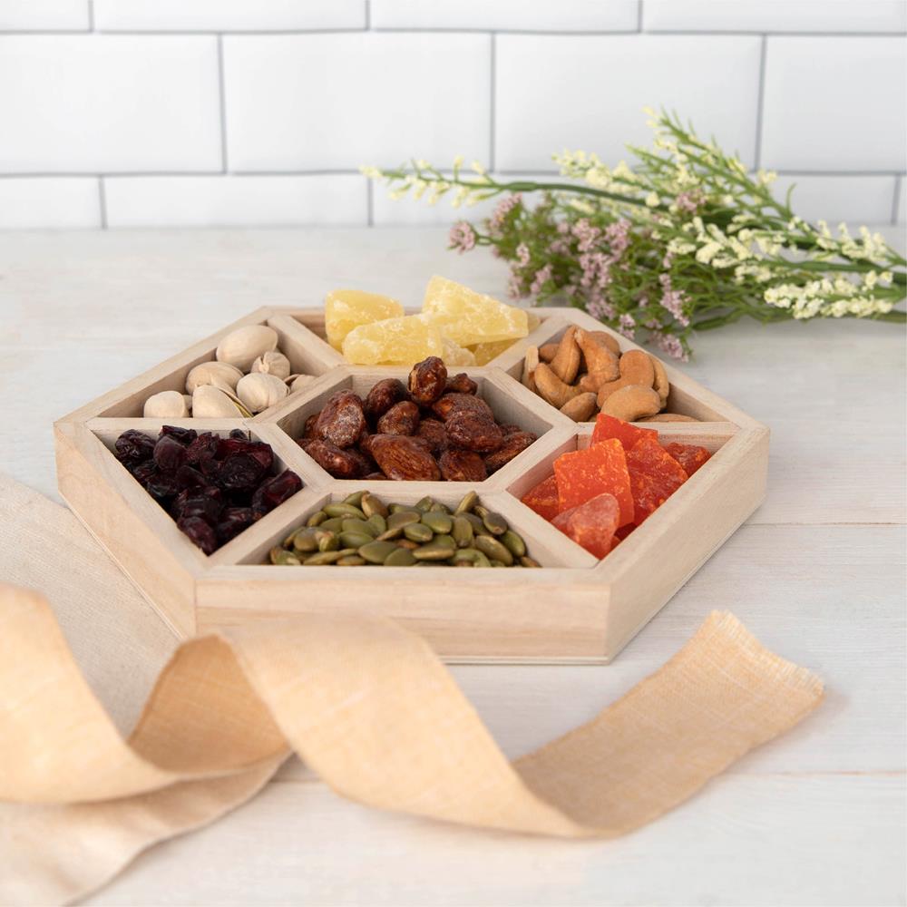 Hexagon Wooden Trays with sections 3 Pack 8.5"X8.5"X1"
