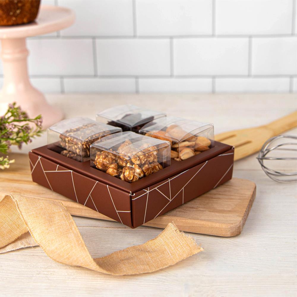 4 Square Shaped Clear Boxes With Square Tray Brown 5.4" X 5.45" X 1.2"