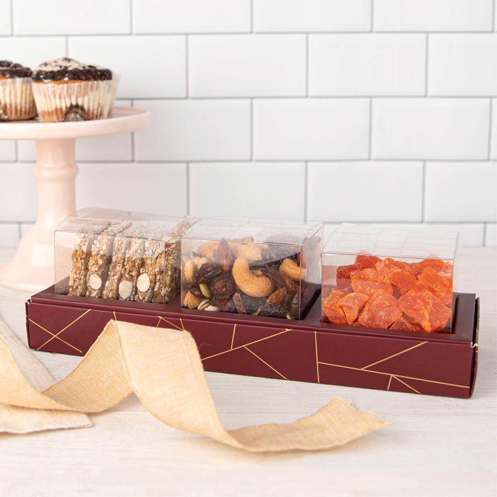 3 Square Shaped Clear Boxes With Rectangle Tray Maroon 11" X 3.9" X 1.3"