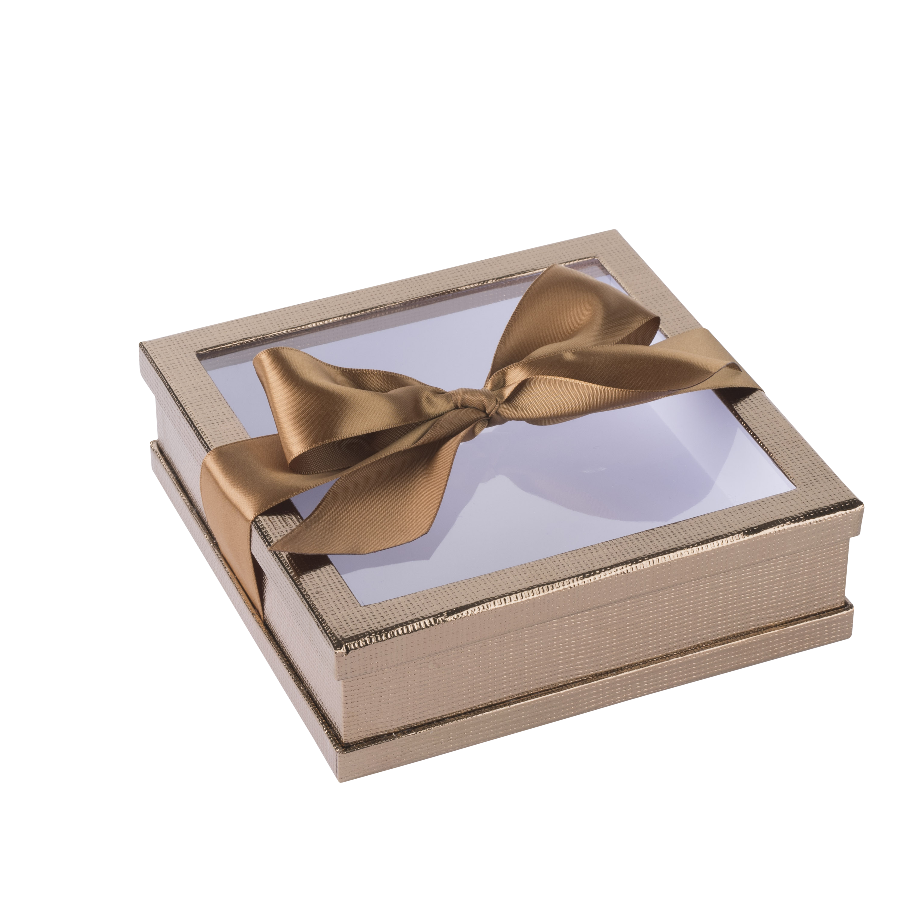 Clear Window Gift Boxes Gold 7" X 7" X 2" 3 Pack With Ribbon