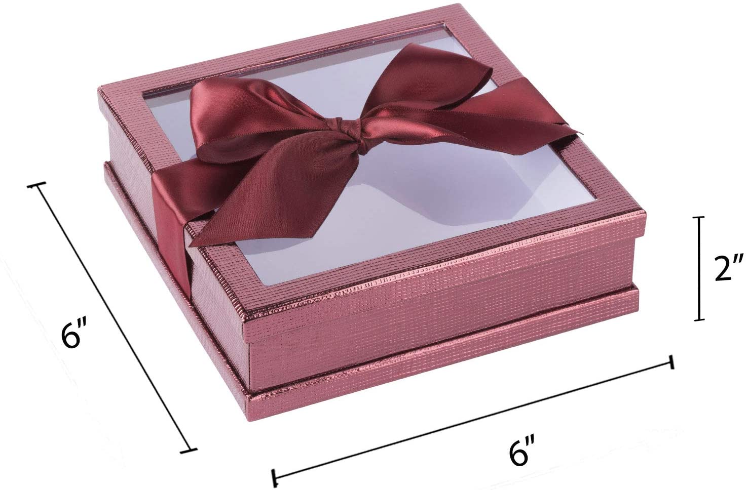 Clear Window Gift Boxes Maroon 7" X 7" X 2" 3 Pack With Ribbon