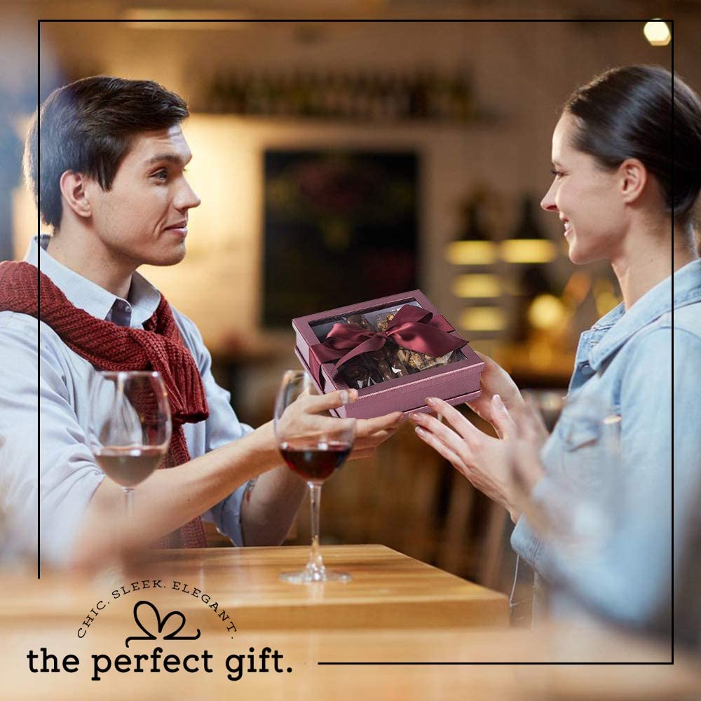 Clear Window Gift Boxes Maroon 7" X 7" X 2" 3 Pack With Ribbon