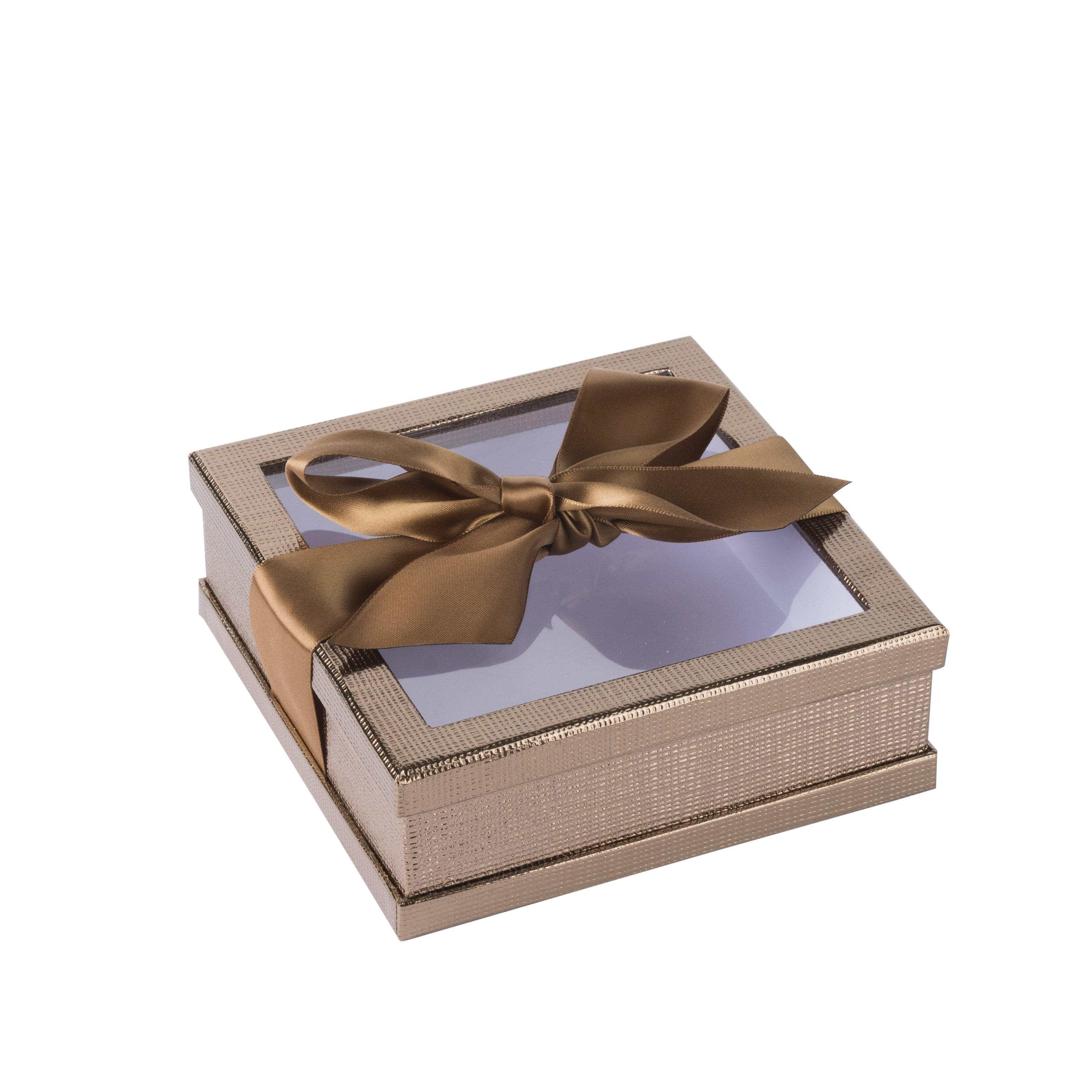 Clear Window Gift Boxes Gold 6" X 6" X 2" 3 Pack With Ribbon