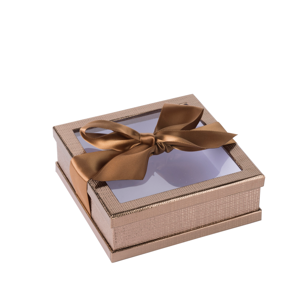 Clear Window Gift Boxes Gold 6" X 6" X 2" 3 Pack With Ribbon