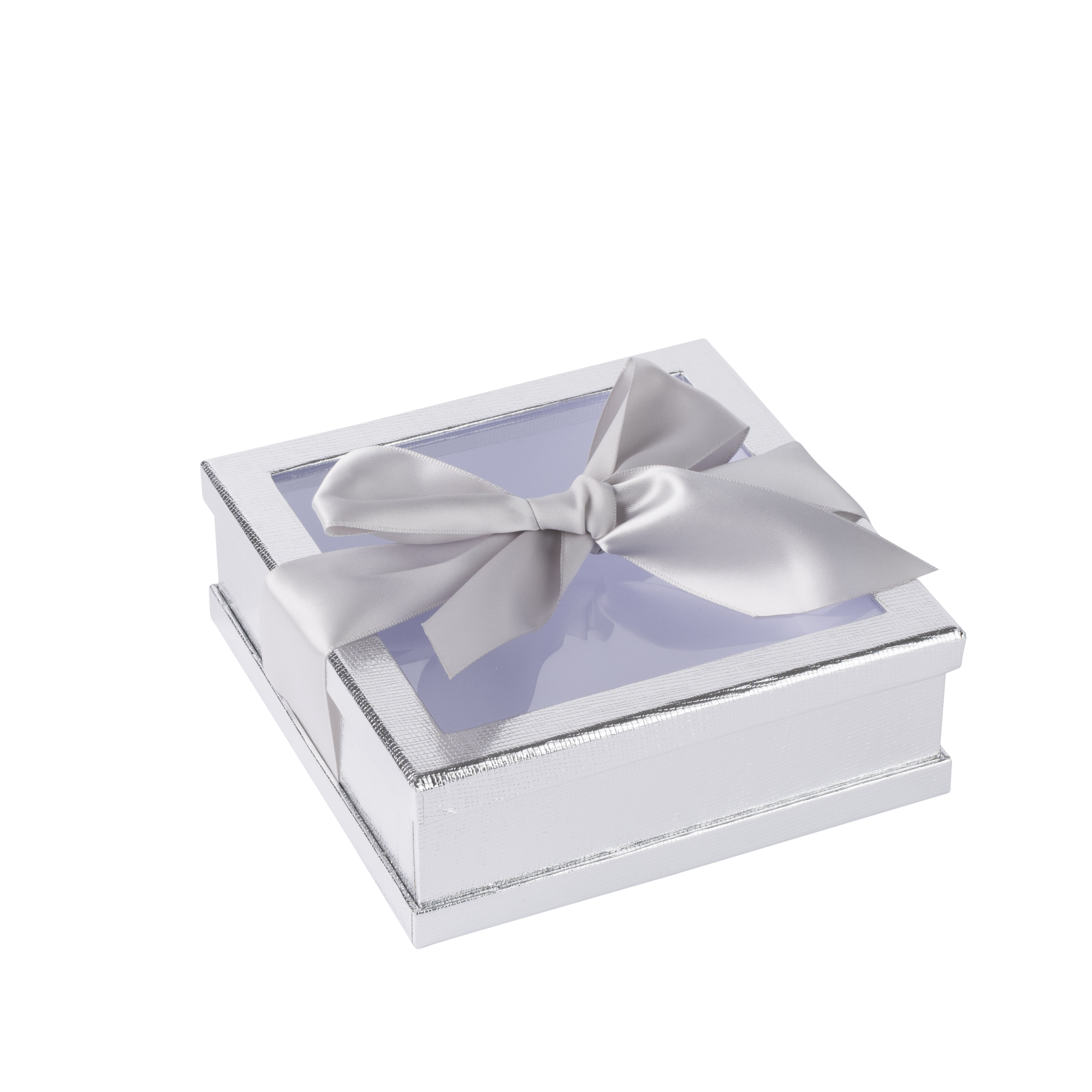 Clear Window Gift Boxes Silver 6" X 6" X 2" 3 Pack With Ribbon