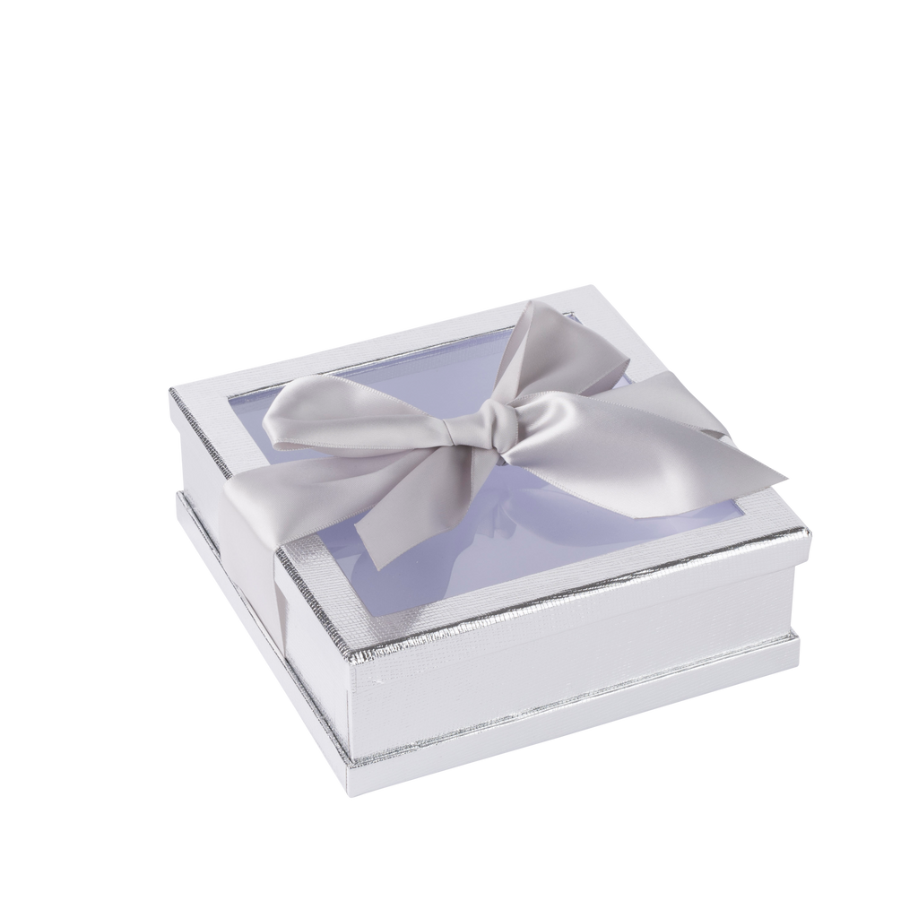 Clear Window Gift Boxes Silver 6" X 6" X 2" 3 Pack With Ribbon