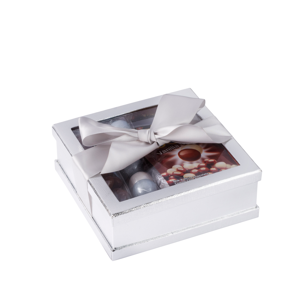 Clear Window Gift Boxes Silver 6" X 6" X 2" 3 Pack With Ribbon