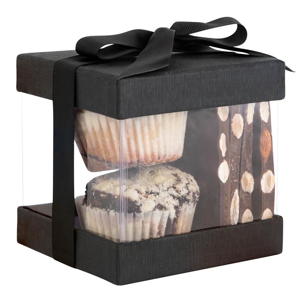 Clear Plastic Gift Boxes 6 Pack Bakery Boxes with Base Lid & Ribbon Black 4x4x4