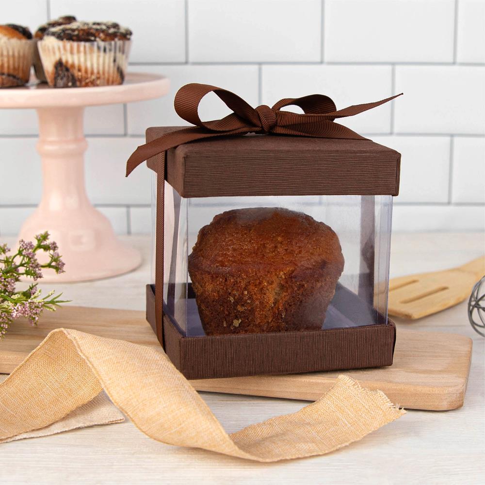 Clear Plastic Gift Boxes Brown 4X4X4" 6 Pack Bakery Boxes With Base Lid & Ribbon