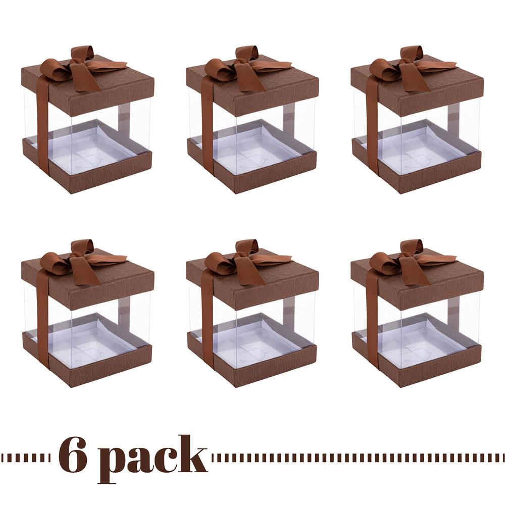 Clear Plastic Gift Boxes Brown 4X4X4" 6 Pack Bakery Boxes With Base Lid & Ribbon