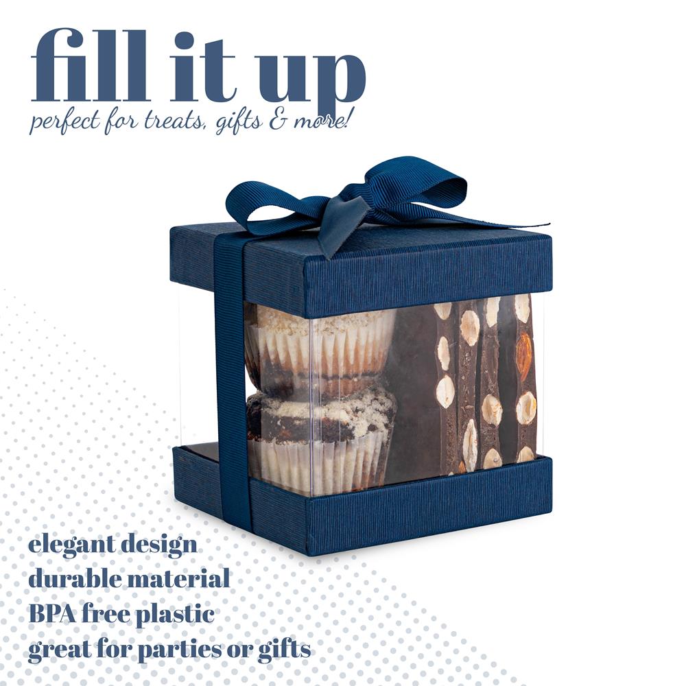 Plastic Gift Boxes Navy 4X4X4" 6 Pack Bakery Boxes With Base Lid & Ribbon