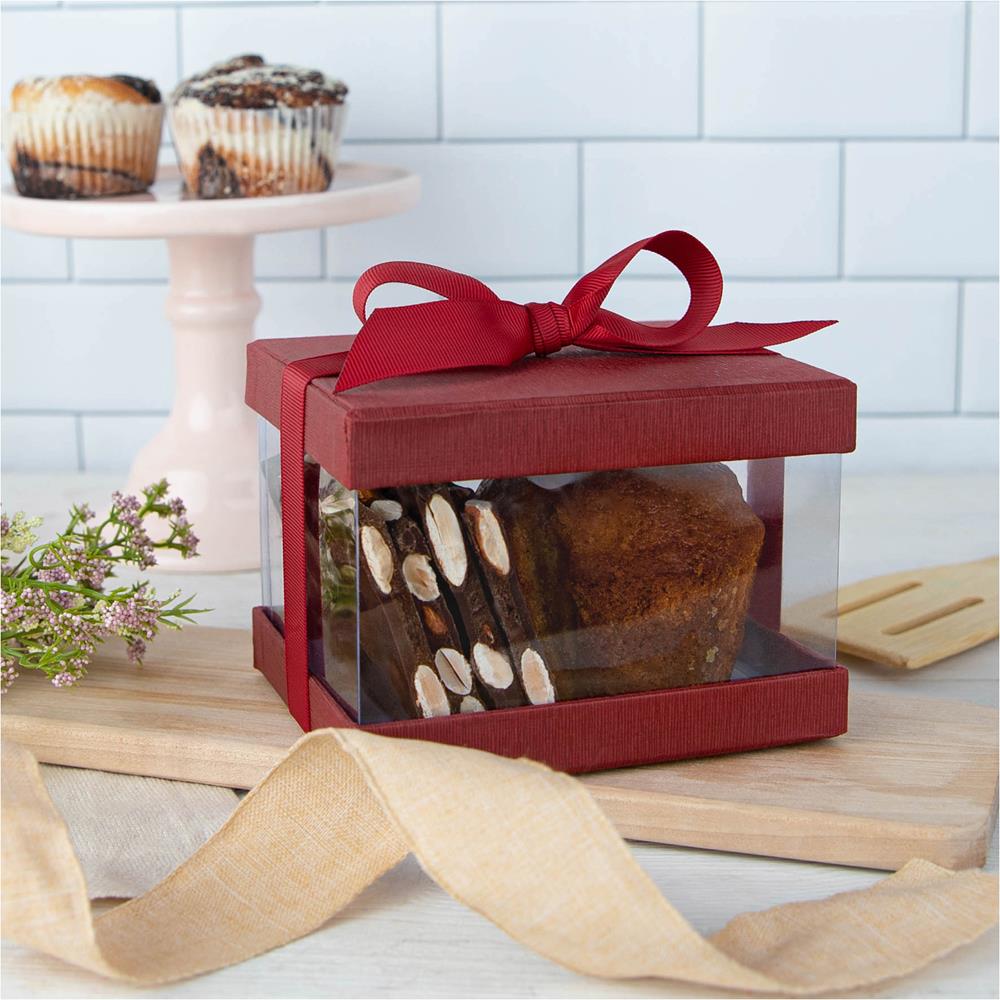 Plastic Gift Boxes Maroon 5X4X3.5" 6 Pack Bakery Boxes With Base Lid & Ribbon